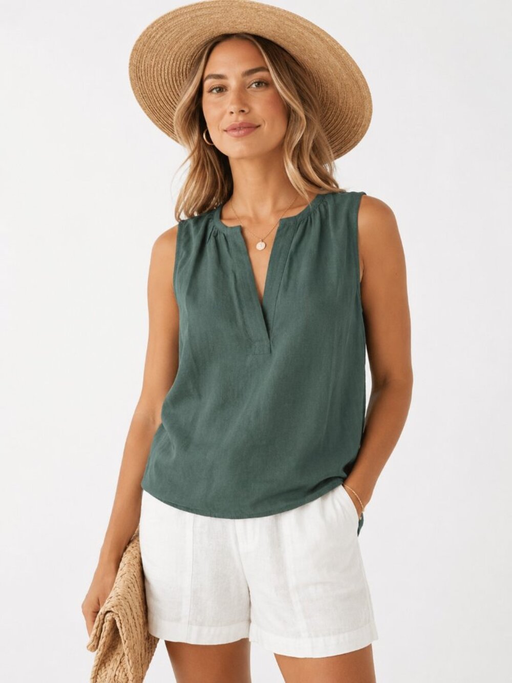 Grade & Gather Womens Medium Green Linen Blend Sleeveless Popover Top NWT